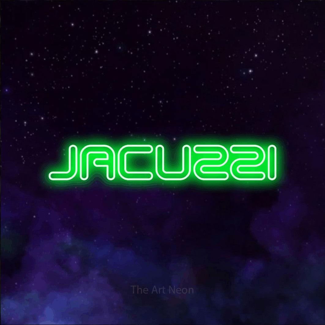 LED neon sign reading “JACUZZI”, arranged in a single line.