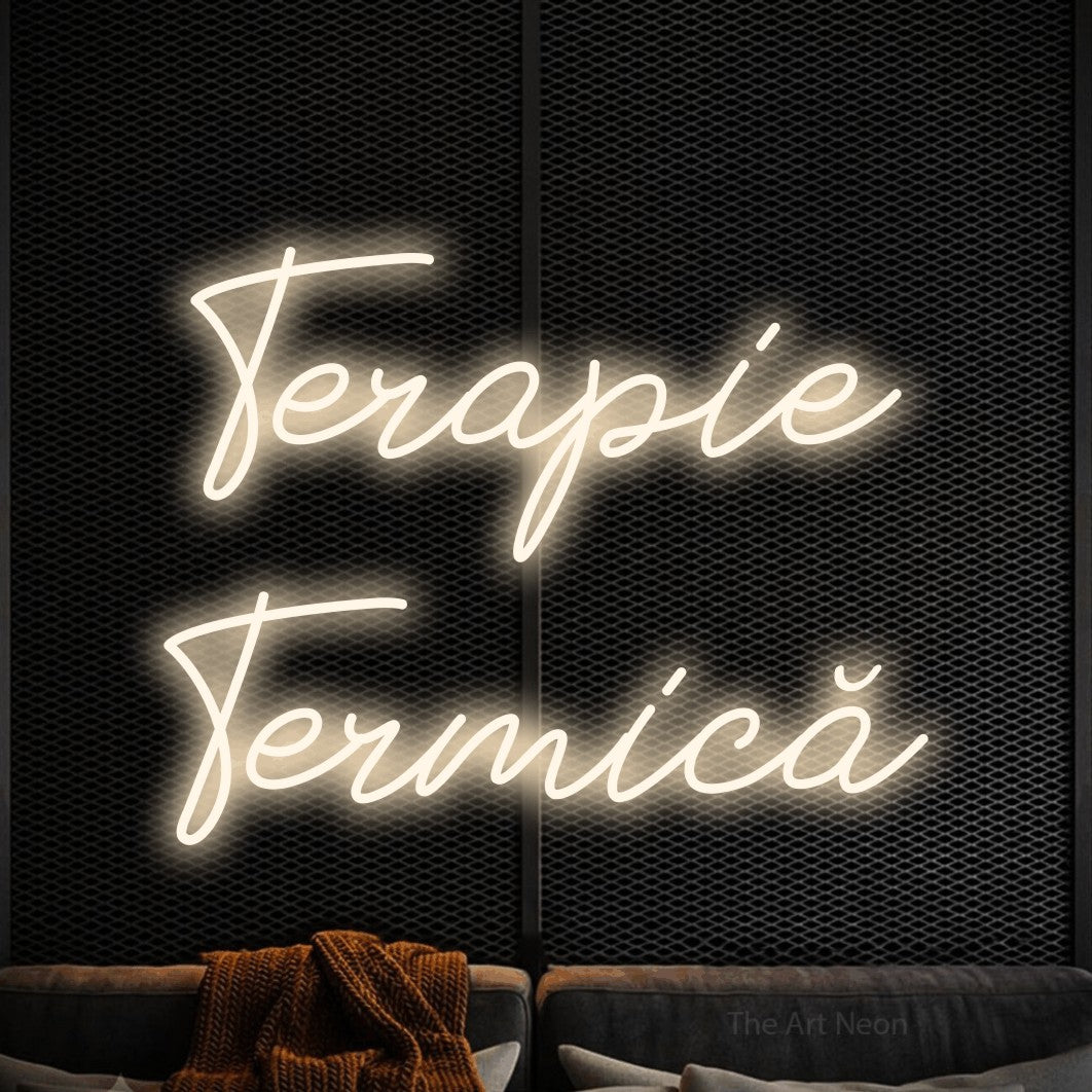 LED neon sign reading “Terapie Termică”, arranged in two lines.
