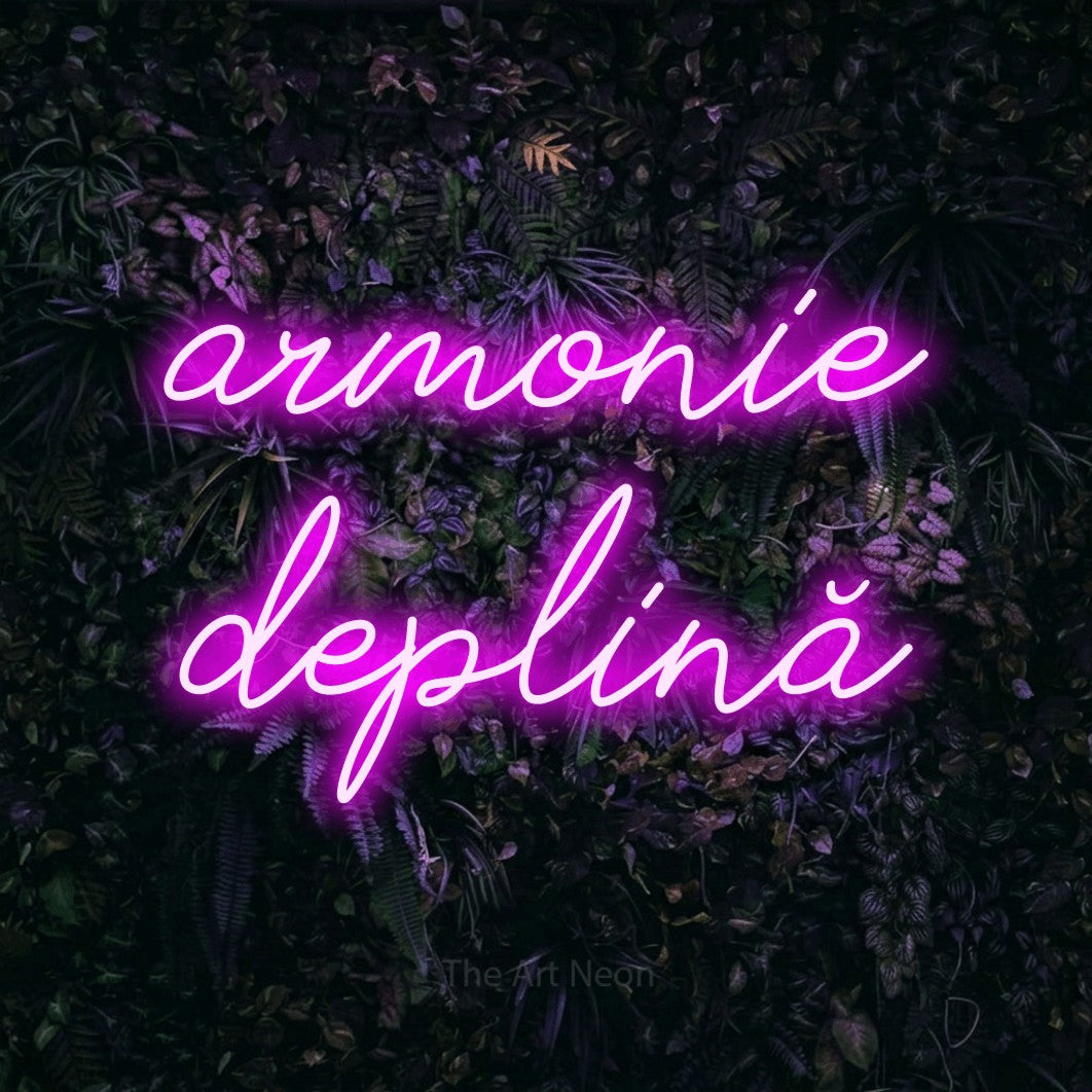 LED neon sign reading “armonie deplină”, arranged in two lines.