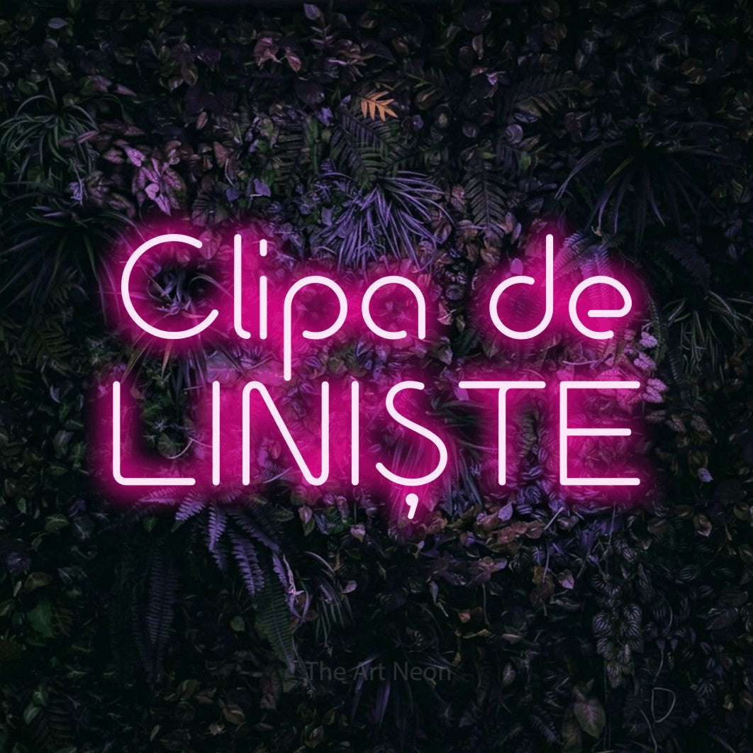 LED neon sign reading “Clipa de LINIȘTE”, arranged in two lines.