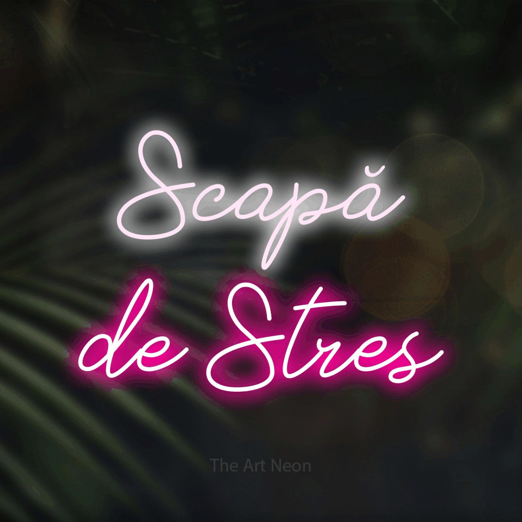 LED neon sign reading “Scapă de Stres”, arranged in two lines.