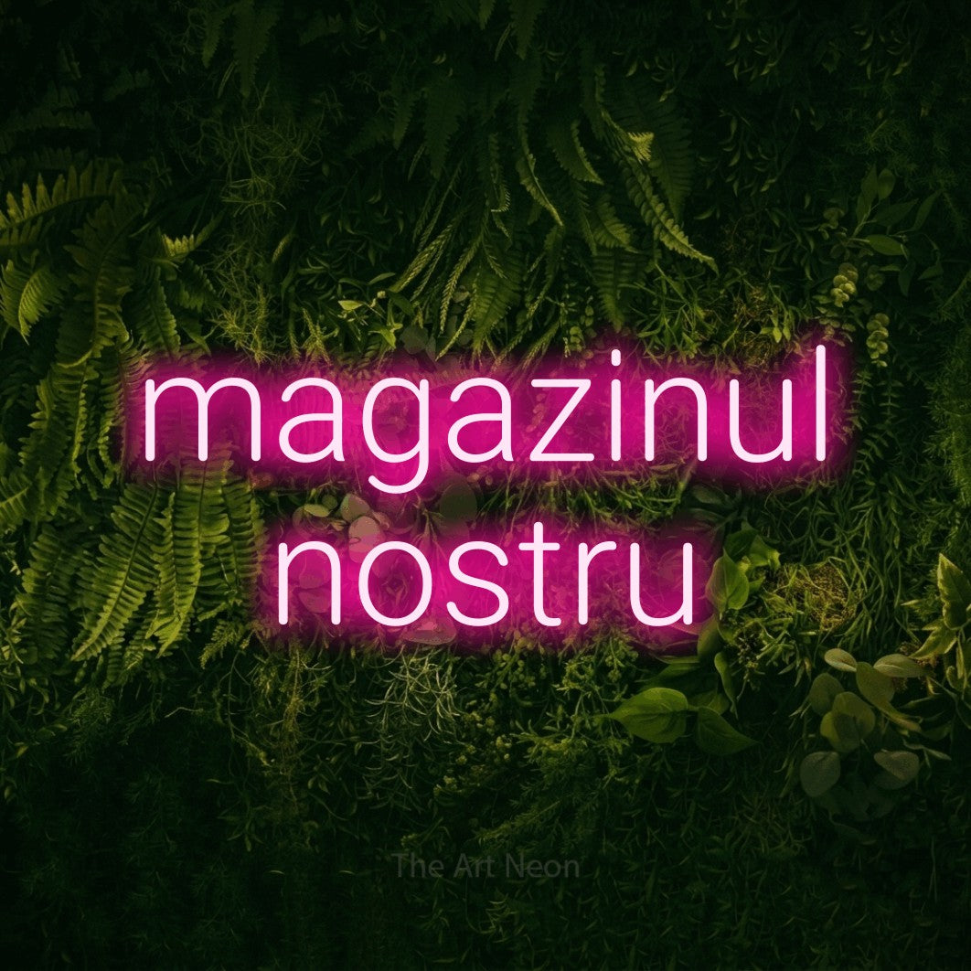 LED neon sign reading “magazinul nostru”, arranged in two lines.