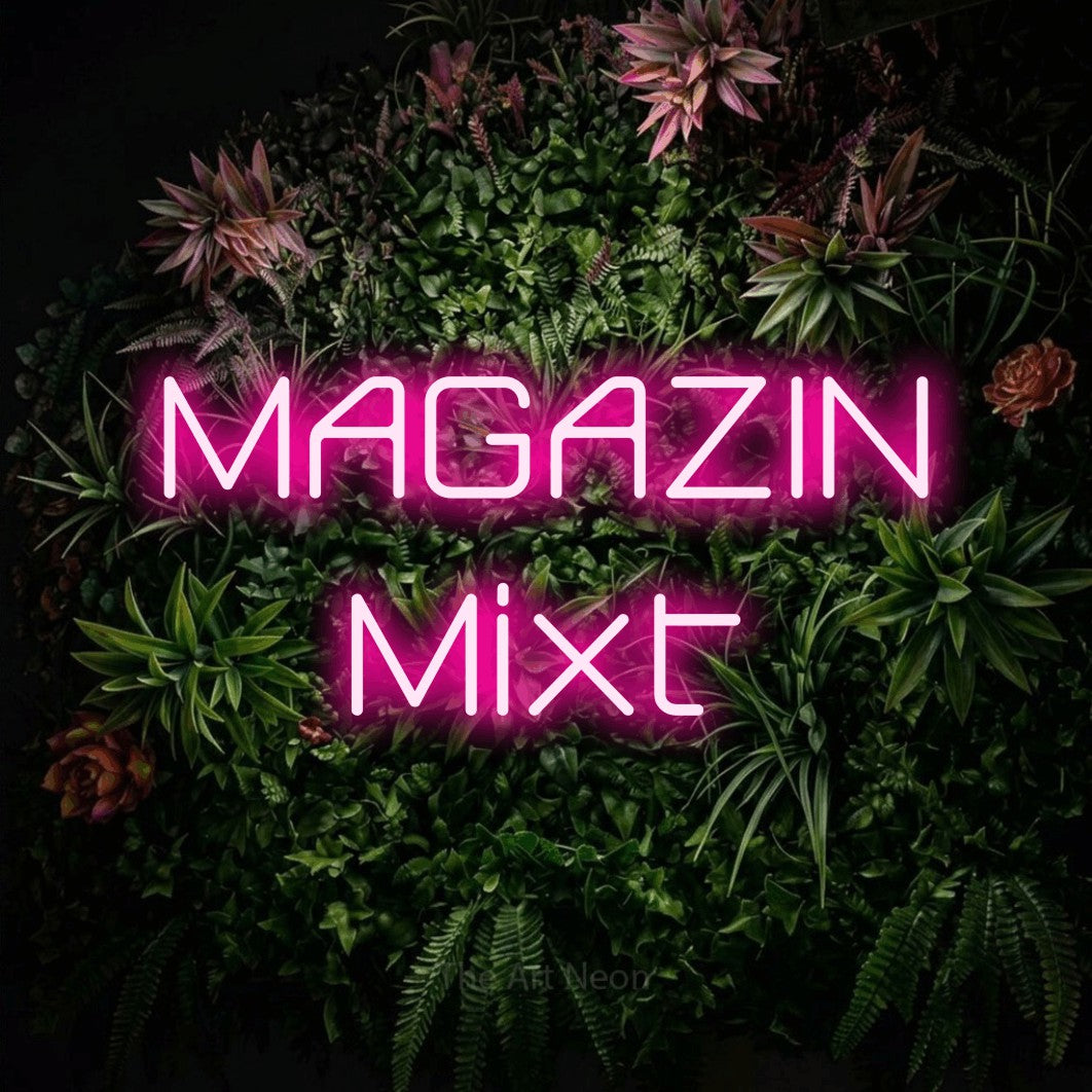 LED neon sign reading “MAGAZIN Mixt”, arranged in two lines.