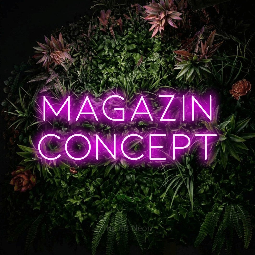 LED neon sign reading “Magazin concept”, arranged in two lines.