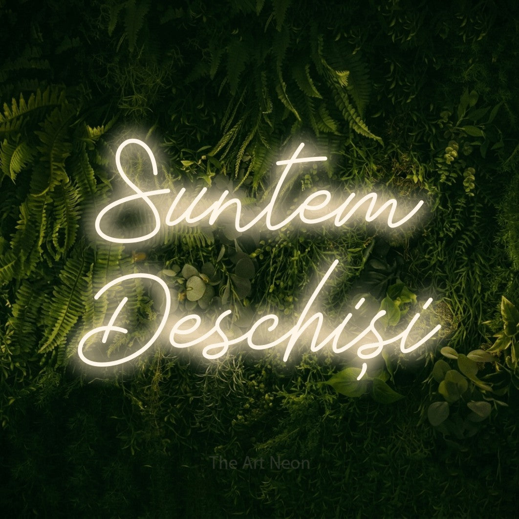 LED neon sign reading “Suntem Deschiși”, arranged in two lines.