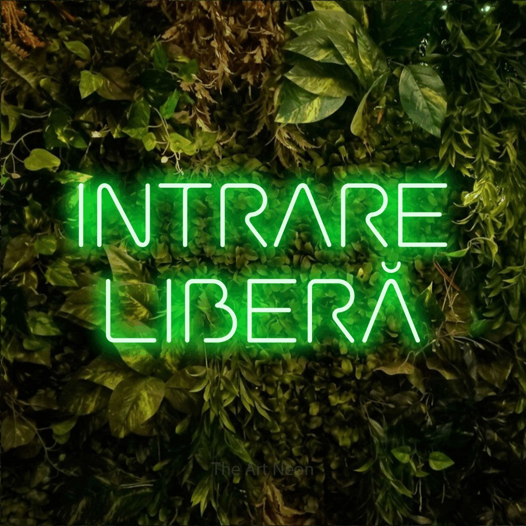 LED neon sign reading “INTRARE LIBERĂ”, arranged in two lines.