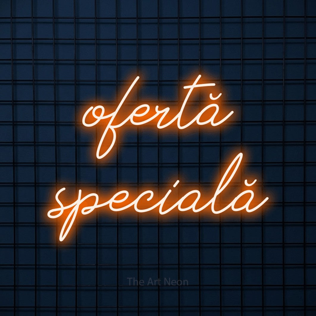 LED neon sign reading “ofertă specială”, arranged in two lines.