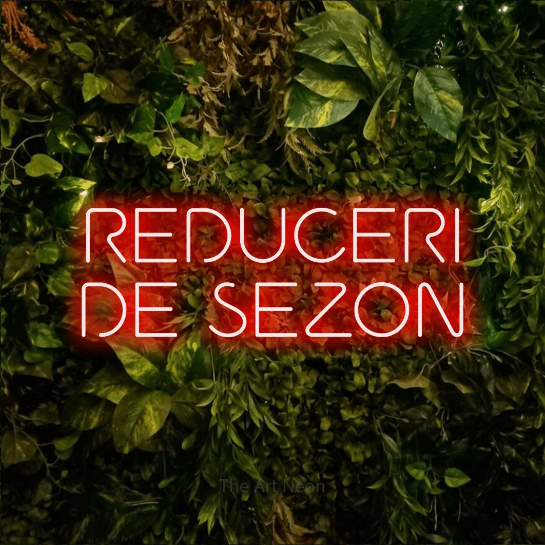 LED neon sign reading “REDUCERI DE SEZON”, arranged in two lines.