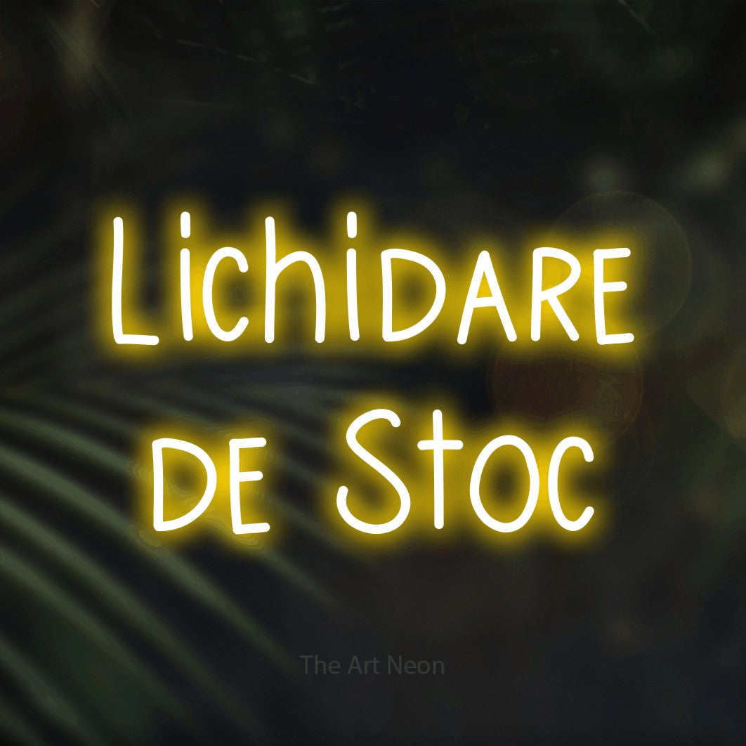 LED neon sign reading “Lichidare de Stoc”, arranged in two lines.