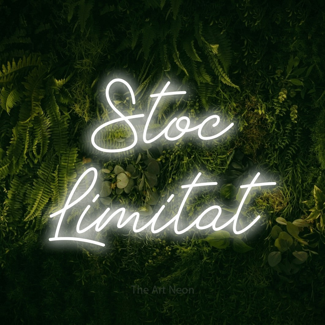 LED neon sign reading “Stoc Limitat”, arranged in two lines.