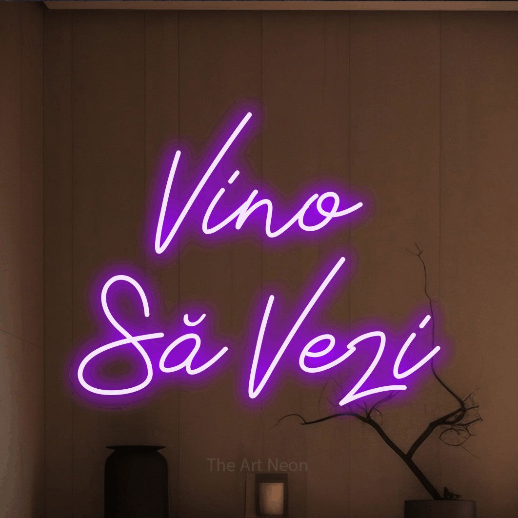 LED neon sign reading “Vino Să Vezi”, arranged in two lines.