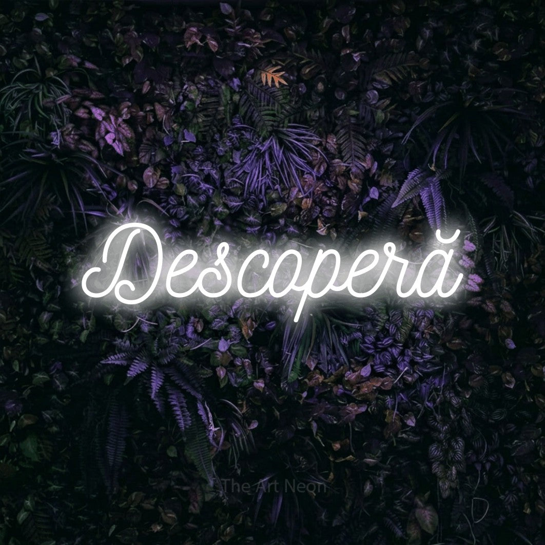 LED neon sign reading “Descoperă”, arranged in a single line.
