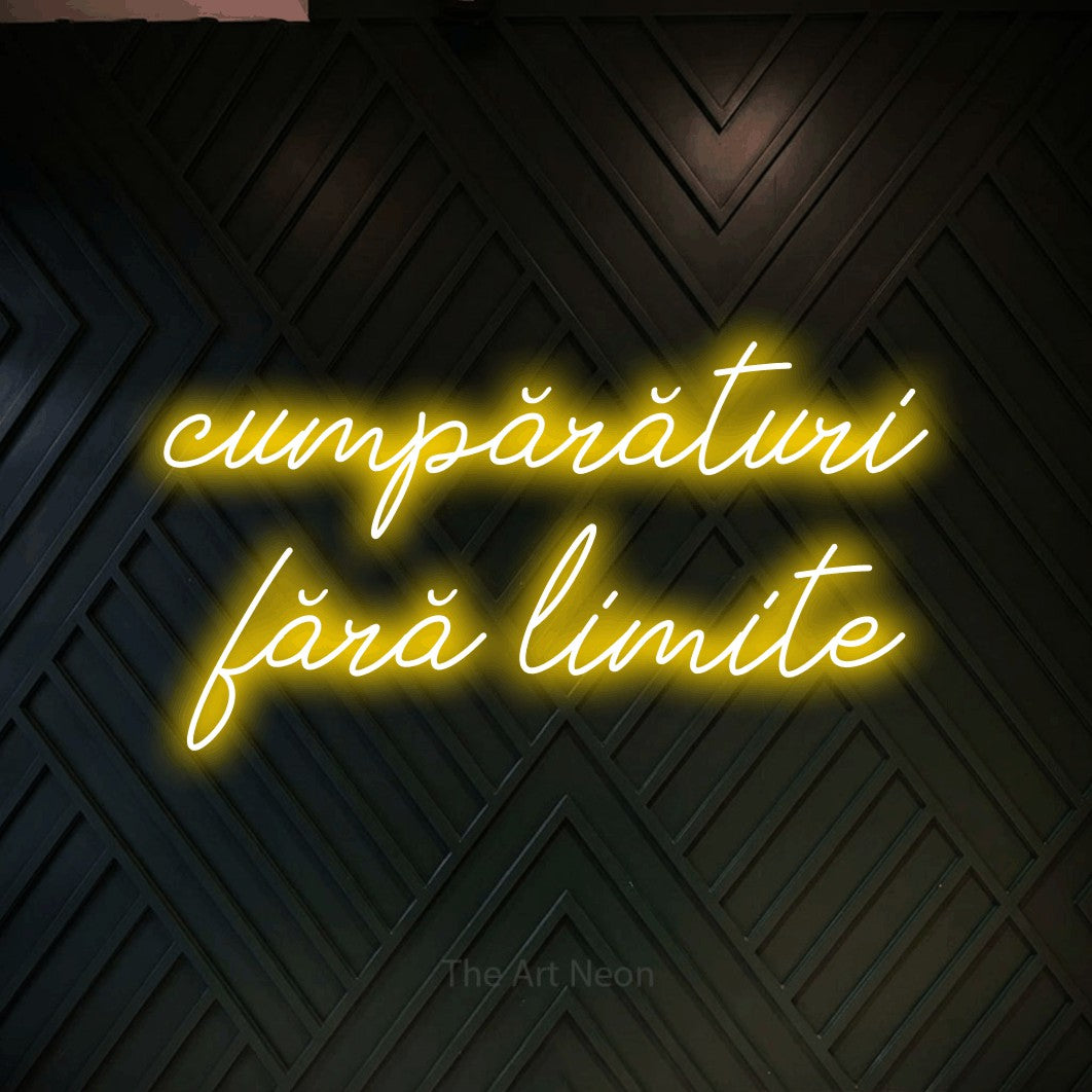 LED neon sign reading “cumpărături fără limite”, arranged in two lines.