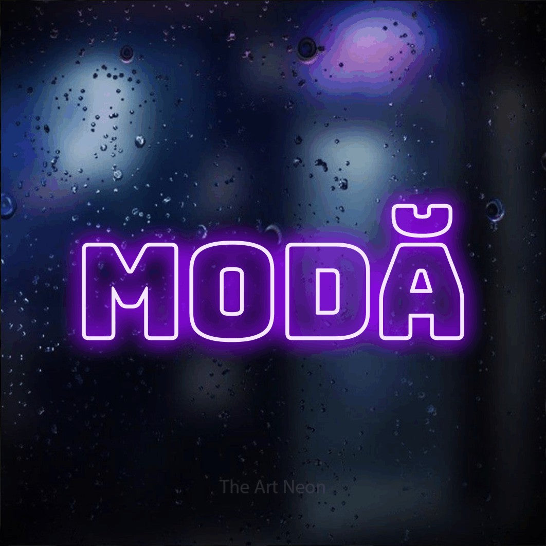 LED neon sign reading “Modă”, arranged in a single line.