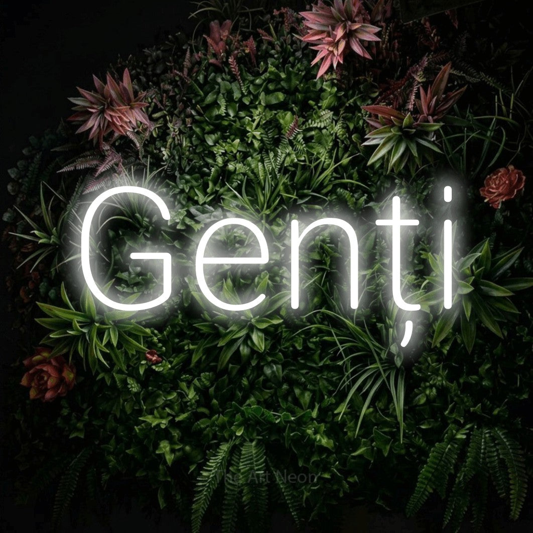 LED neon sign reading “Genți”, arranged in a single line.