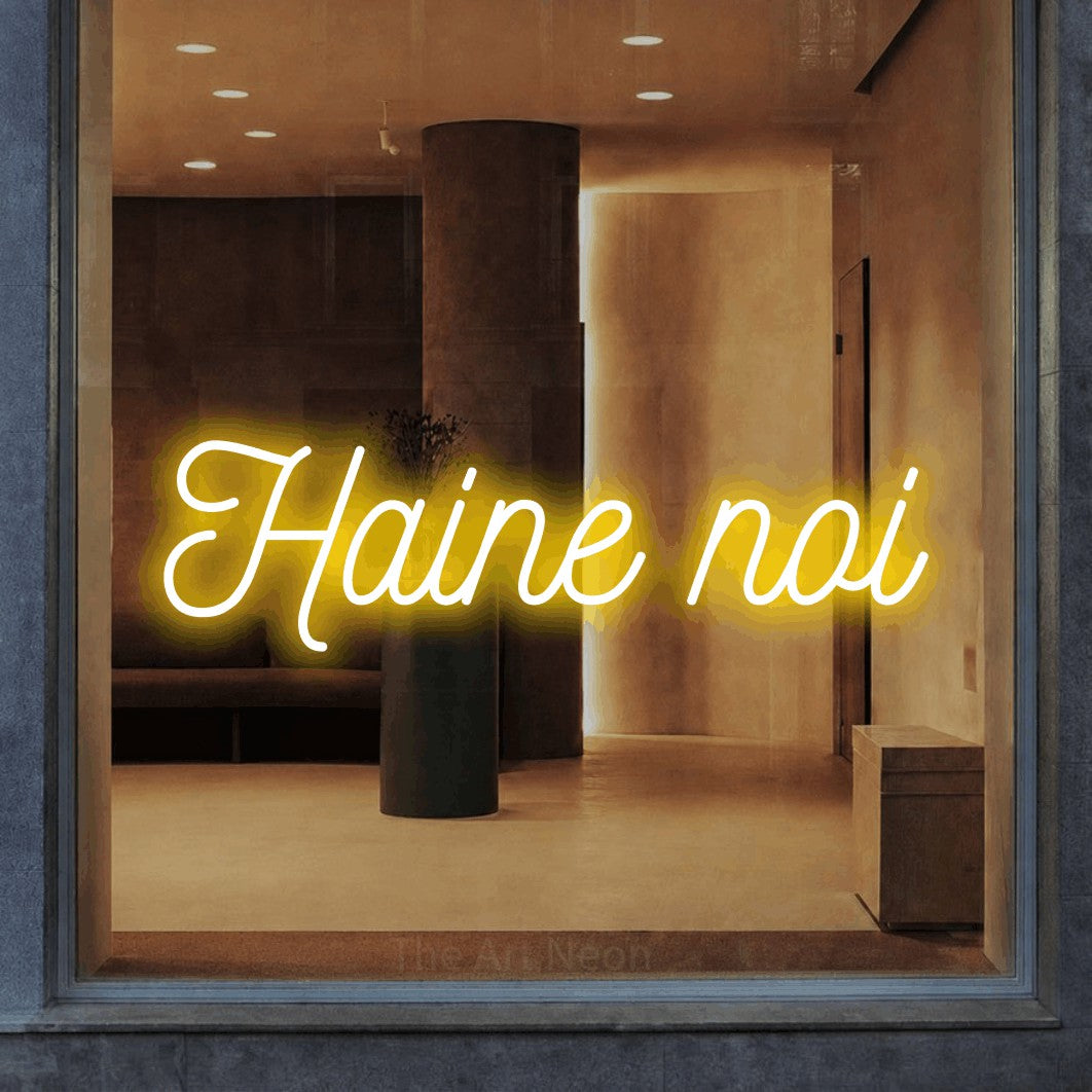 LED neon sign reading “Haine noi”, arranged in a single line.