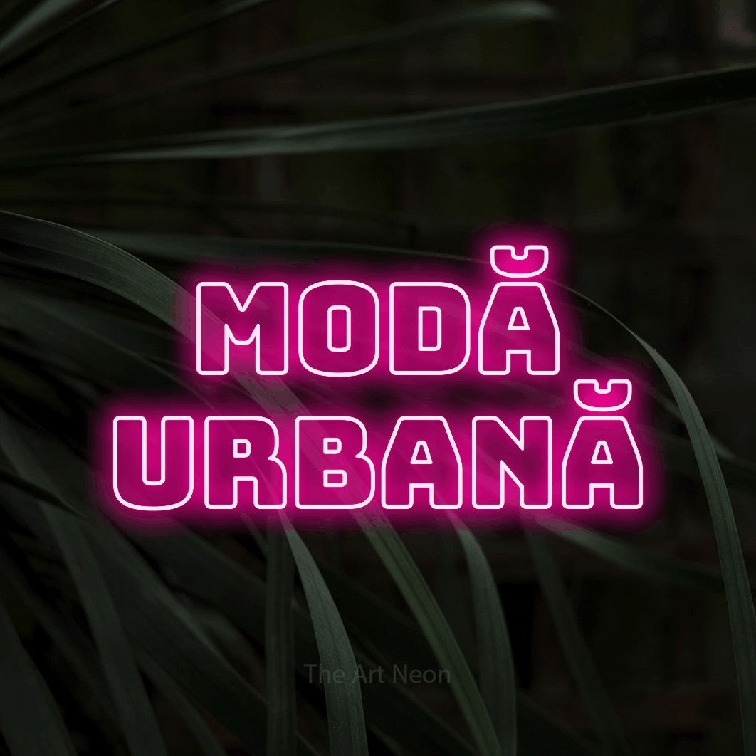 LED neon sign reading “Modă URBANĂ”, arranged in two lines.