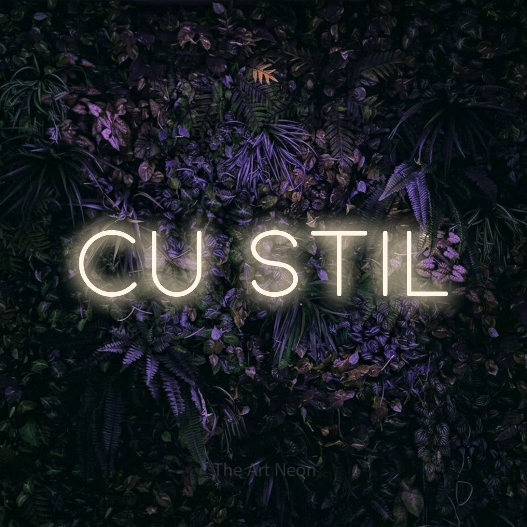 LED neon sign reading “Cu stil”, arranged in a single line.