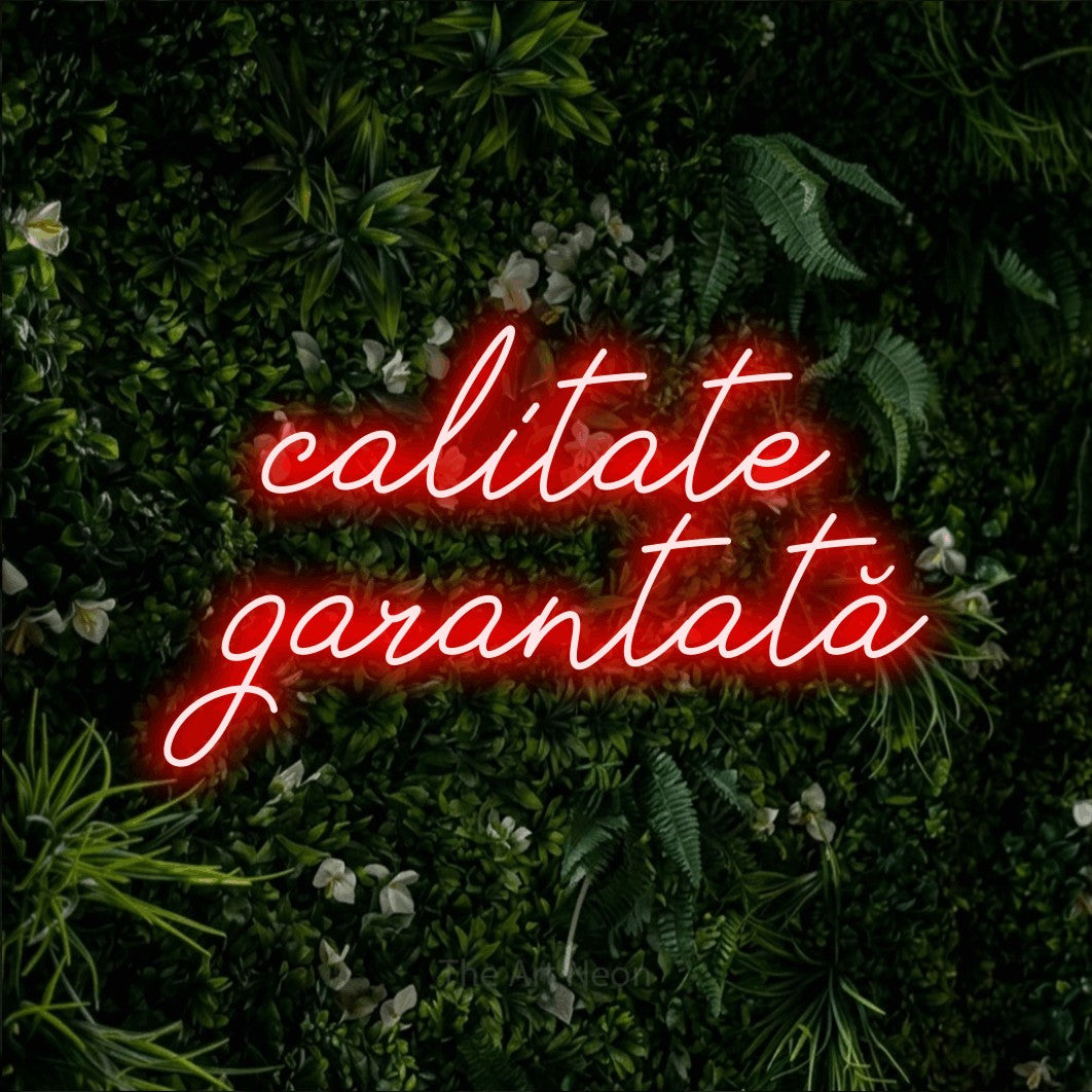 LED neon sign reading “calitate garantată”, arranged in two lines.