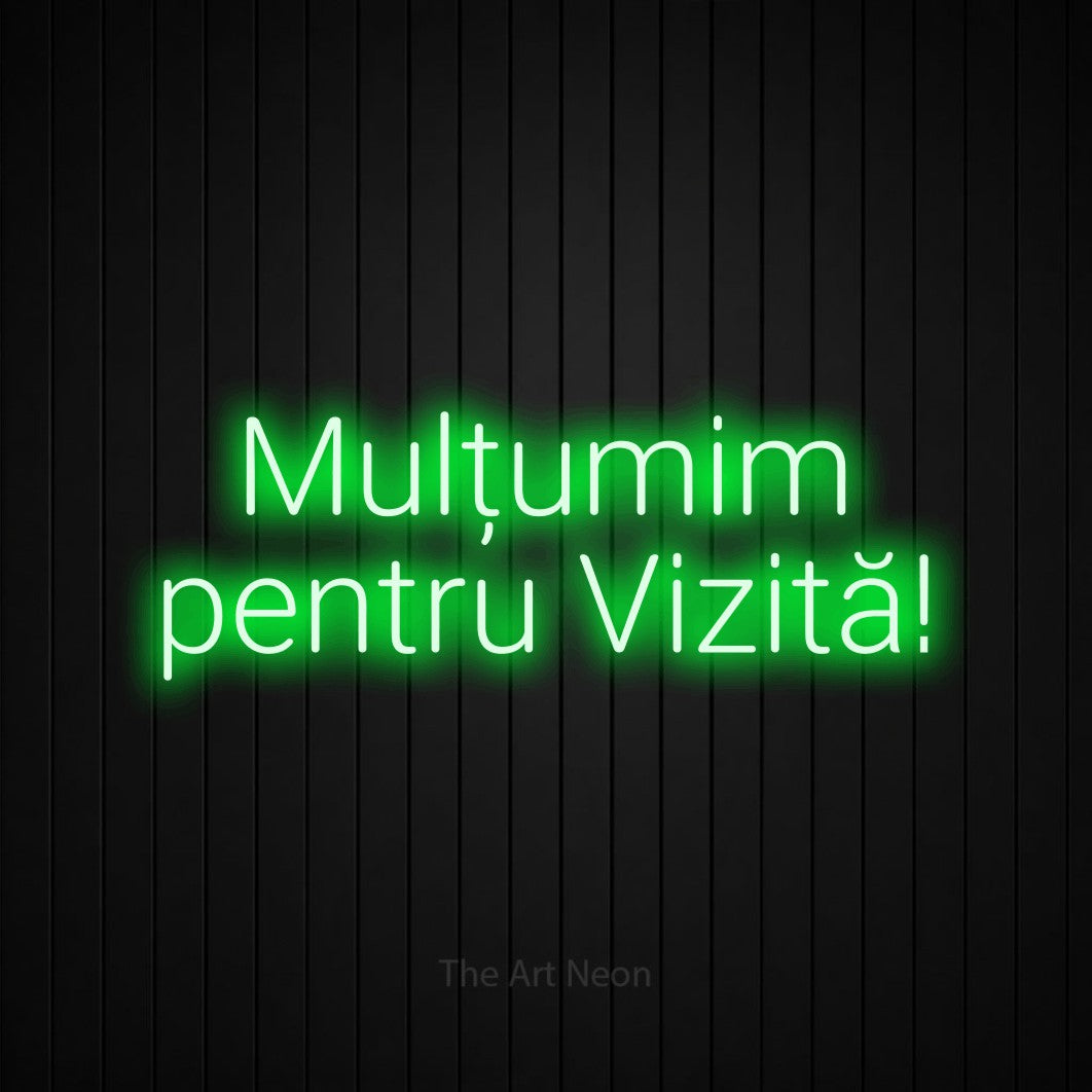 LED neon sign reading “Mulțumim pentru Vizită!”, arranged in two lines.
