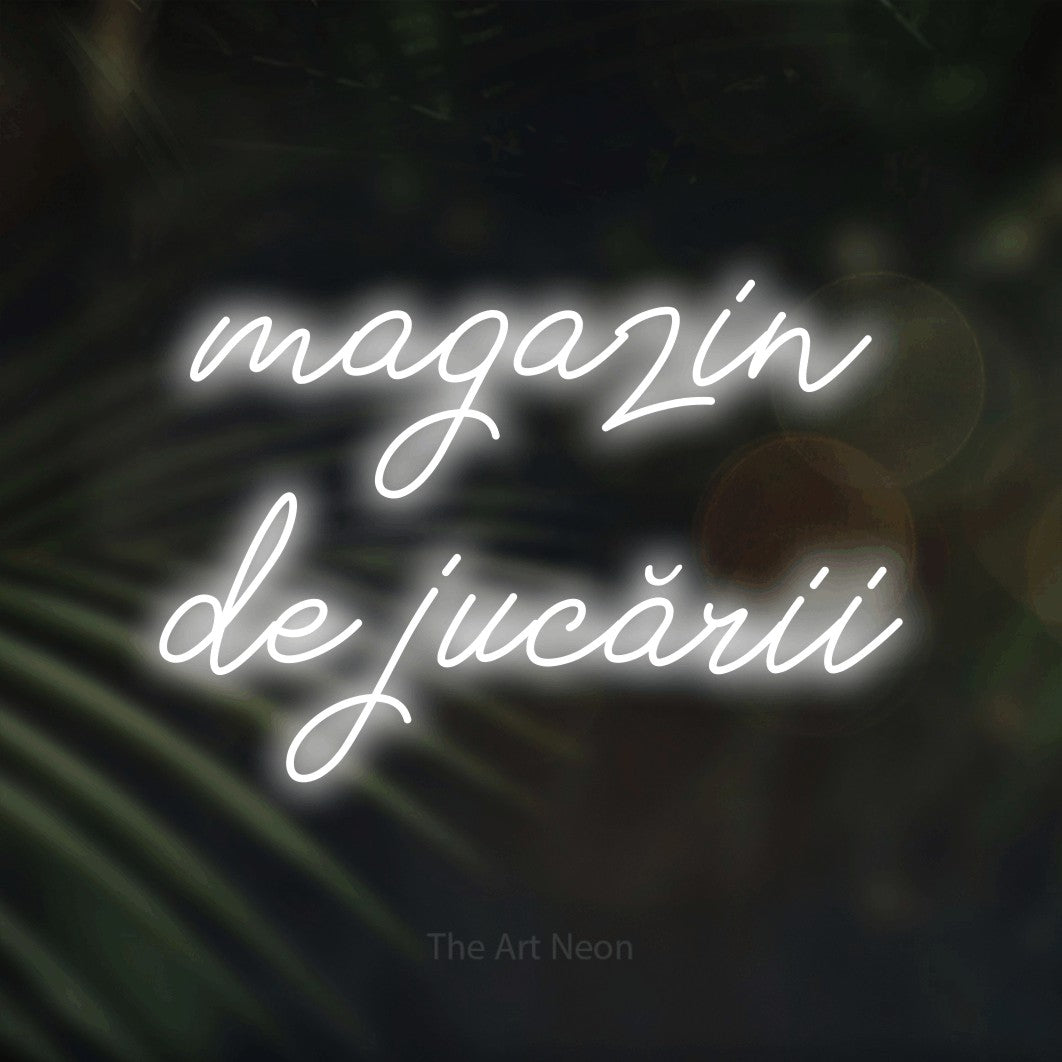 LED neon sign reading “magazin de jucării”, arranged in two lines.