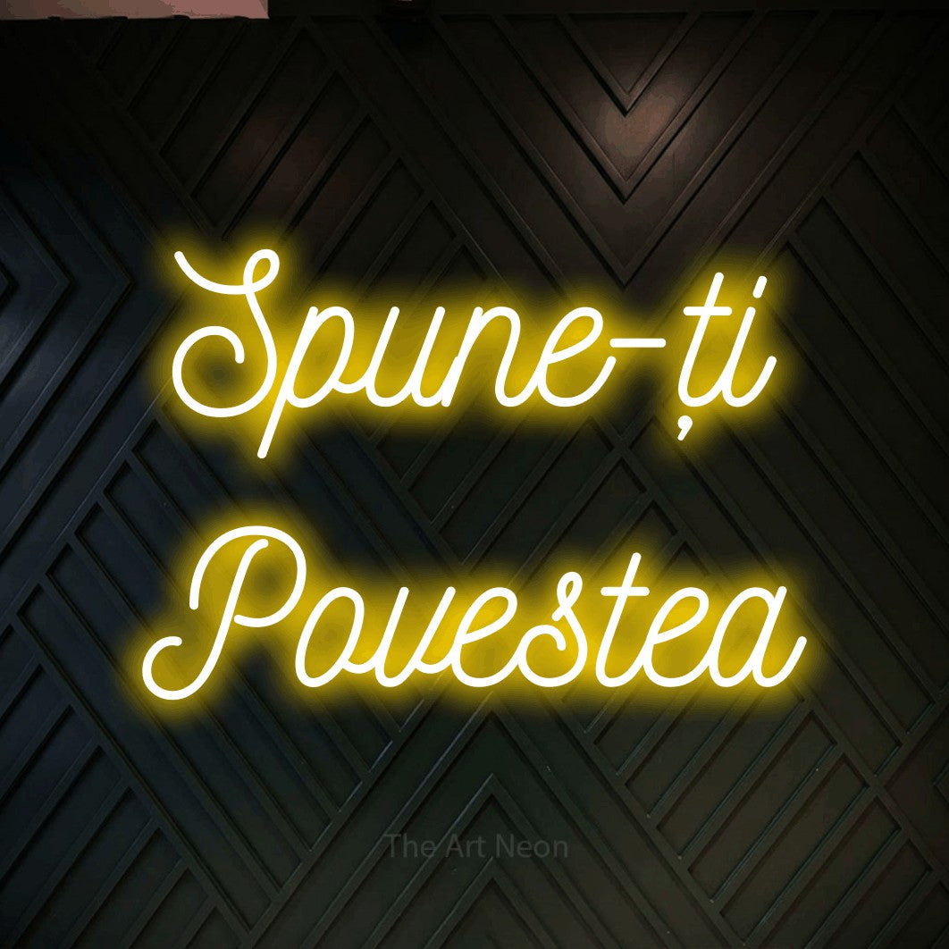 LED neon sign reading “Spune-ți Povestea”, arranged in two lines.