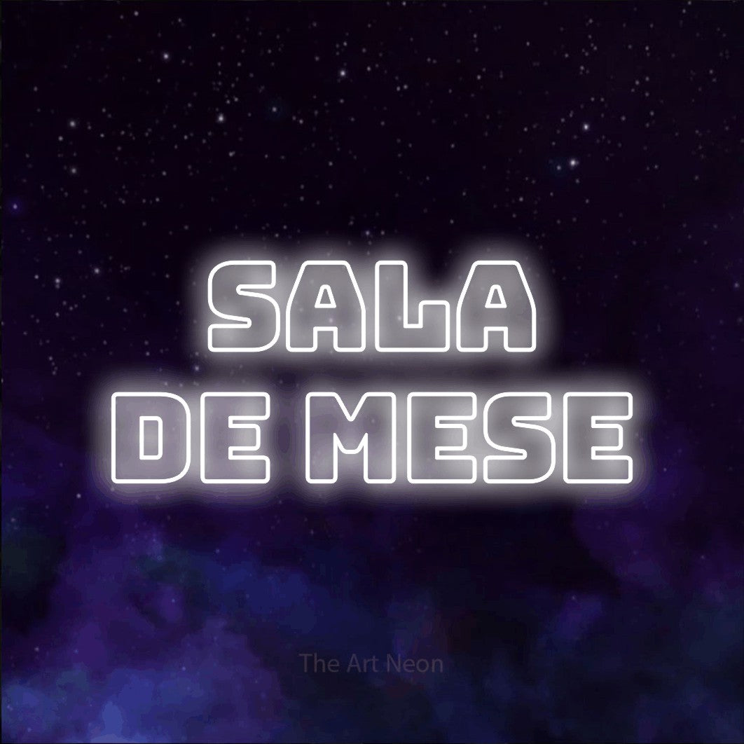 LED neon sign reading “Sala de Mese”, arranged in two lines.
