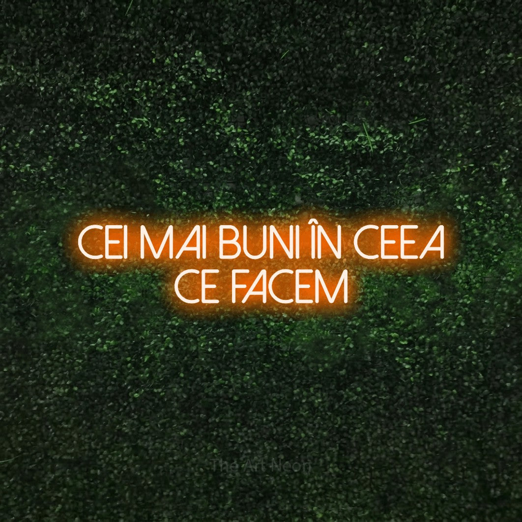 LED neon sign reading “Cei Mai Buni în Ceea Ce Facem”, arranged in two lines.