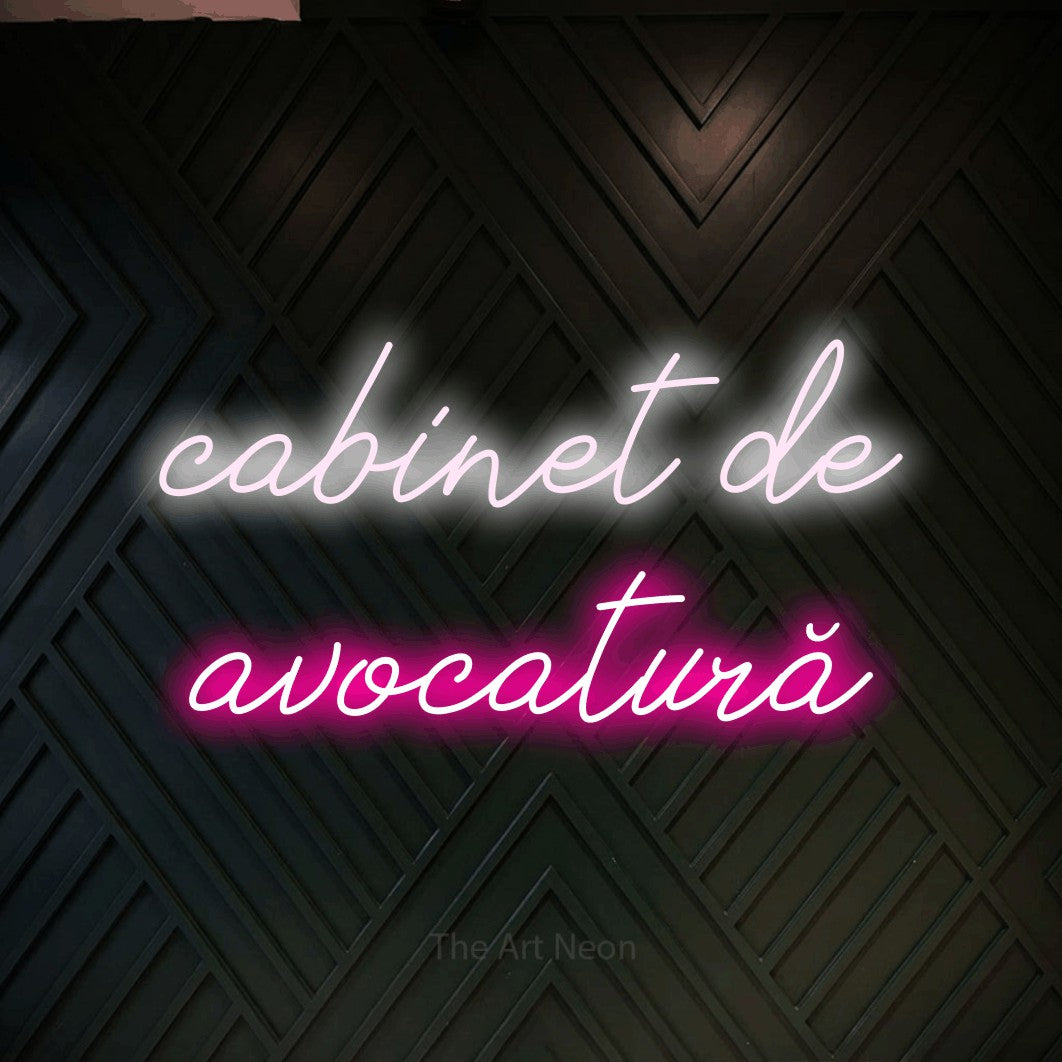 LED neon sign reading “cabinet de avocatură”, arranged in two lines.