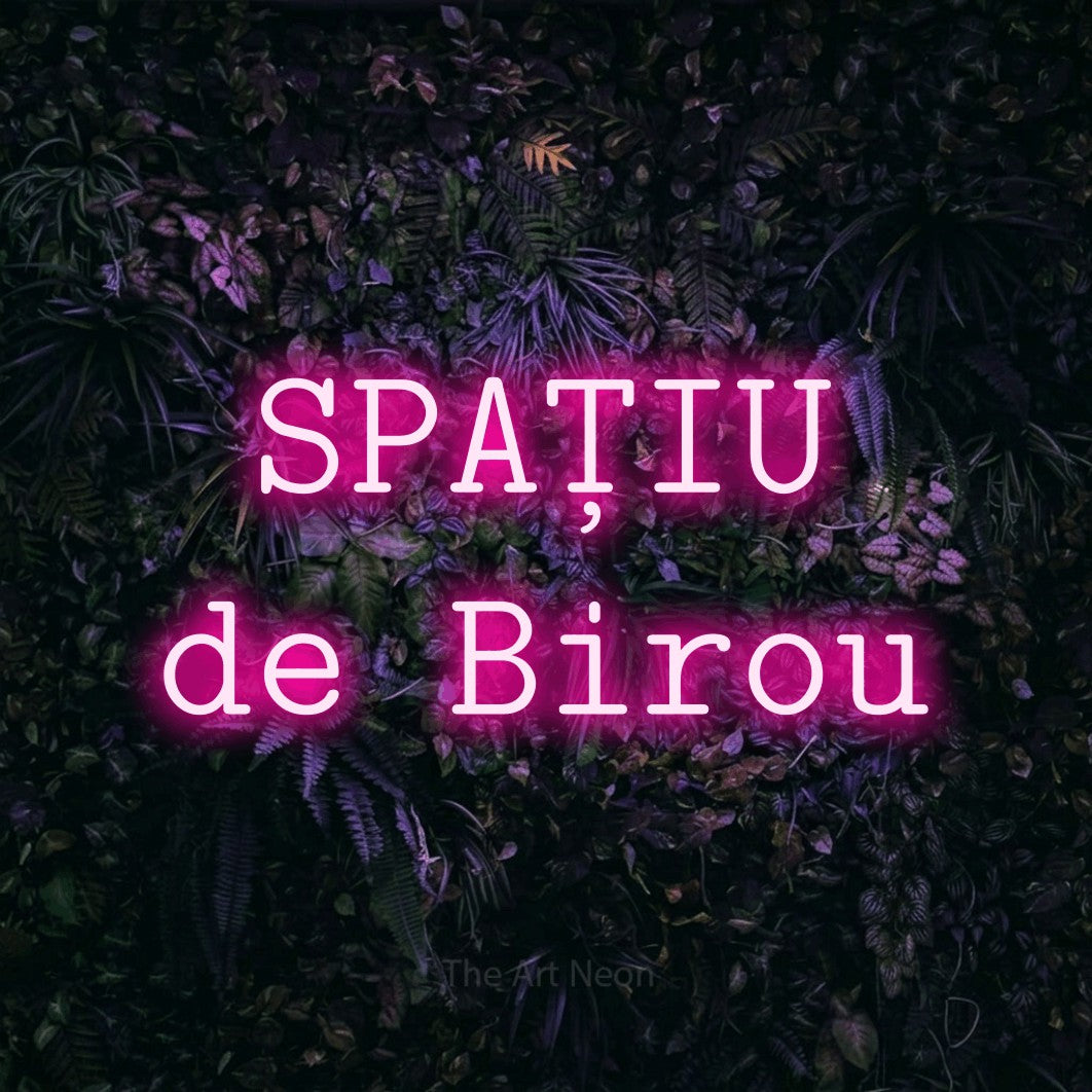 LED neon sign reading “SPAȚIU de Birou”, arranged in two lines.