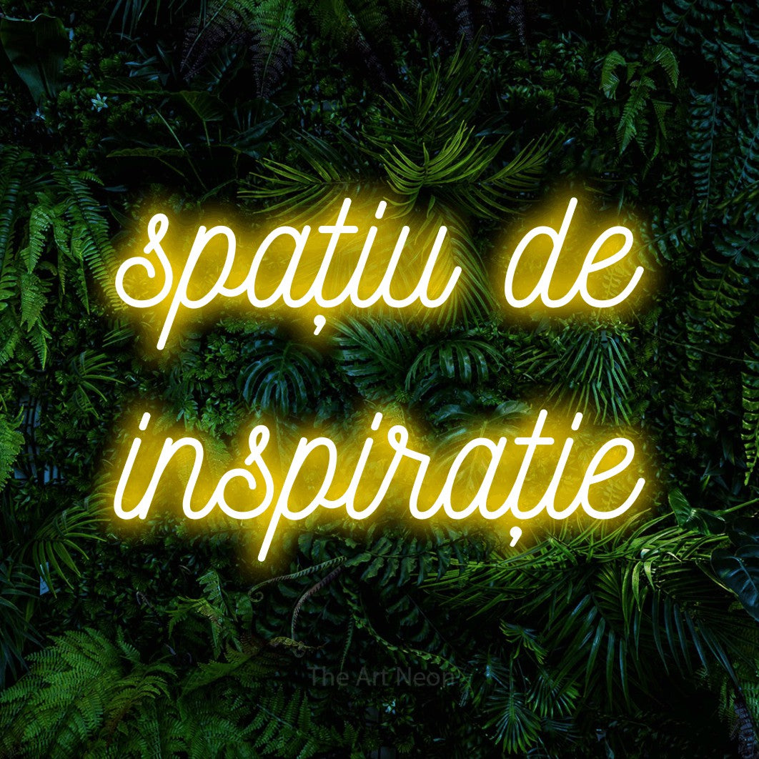LED neon sign reading “spațiu de inspirație”, arranged in two lines.