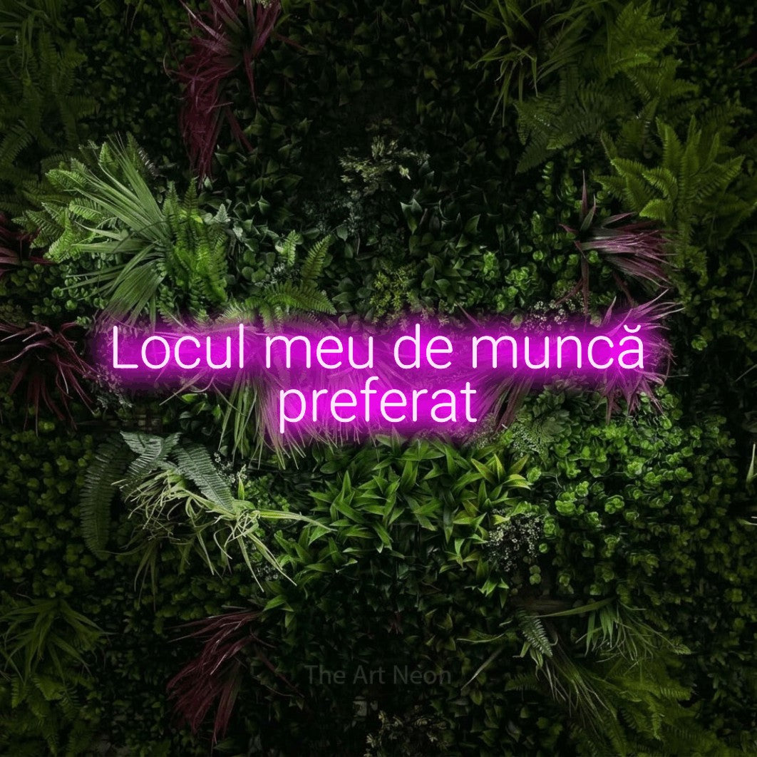 LED neon sign reading “Locul meu de muncă preferat”, arranged in two lines.