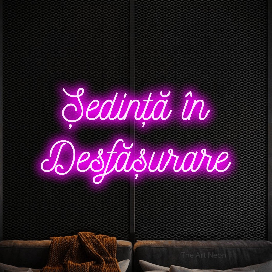 LED neon sign reading “Ședință în Desfășurare”, arranged in two lines.