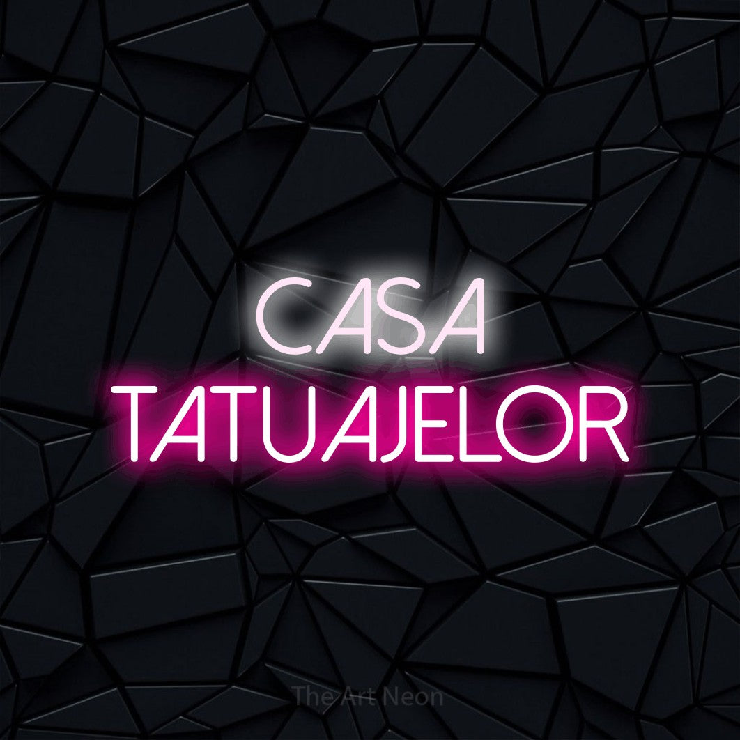 LED neon sign reading “CASA TATUAJELOR”, arranged in two lines.