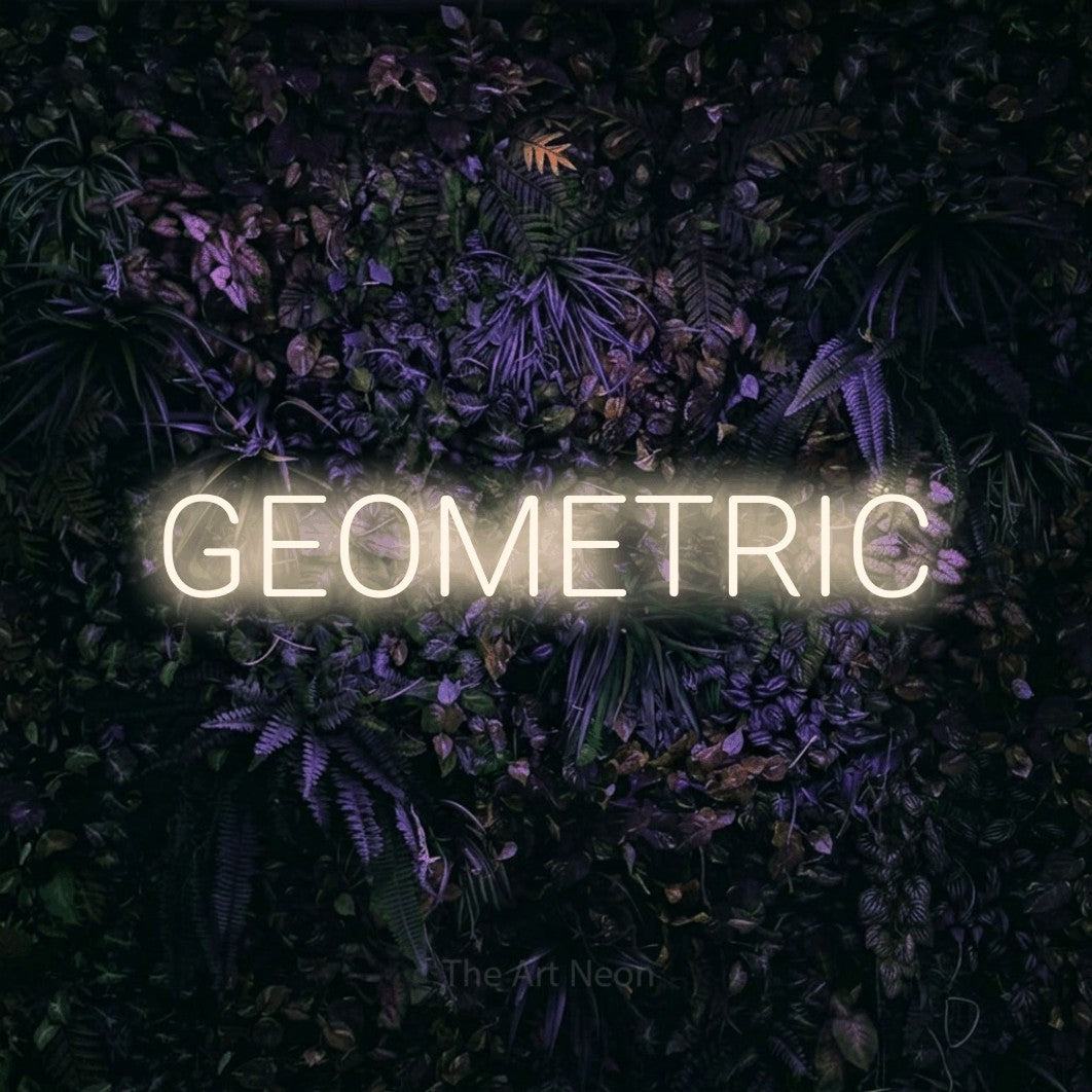 LED neon sign reading “GEOMETRIC”, arranged in a single line.