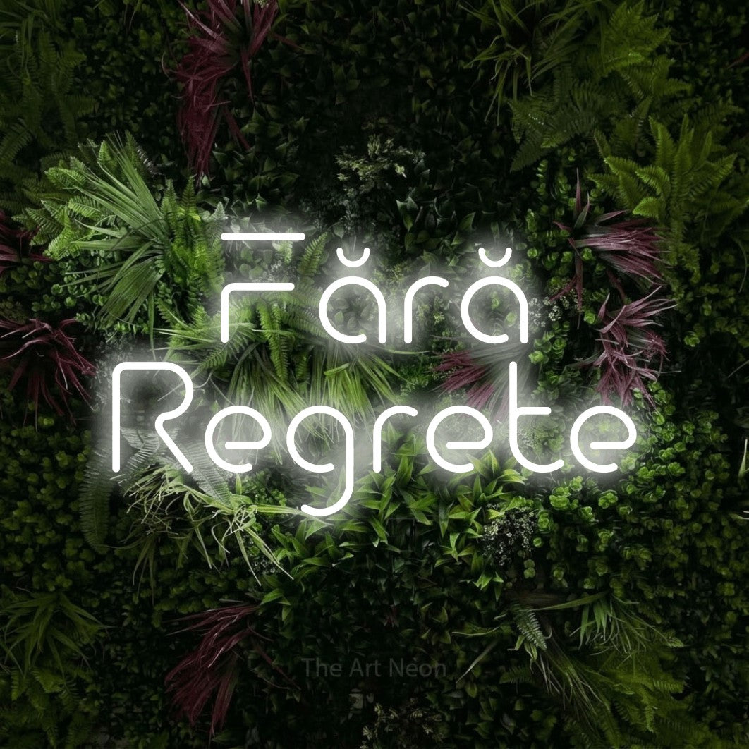 LED neon sign reading “Fără Regrete”, arranged in two lines.