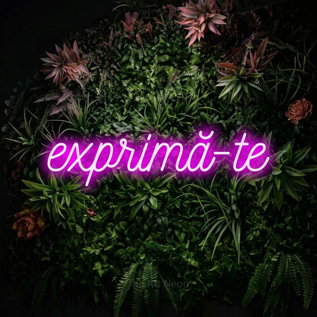 LED neon sign reading “exprimă-te”, arranged in a single line.