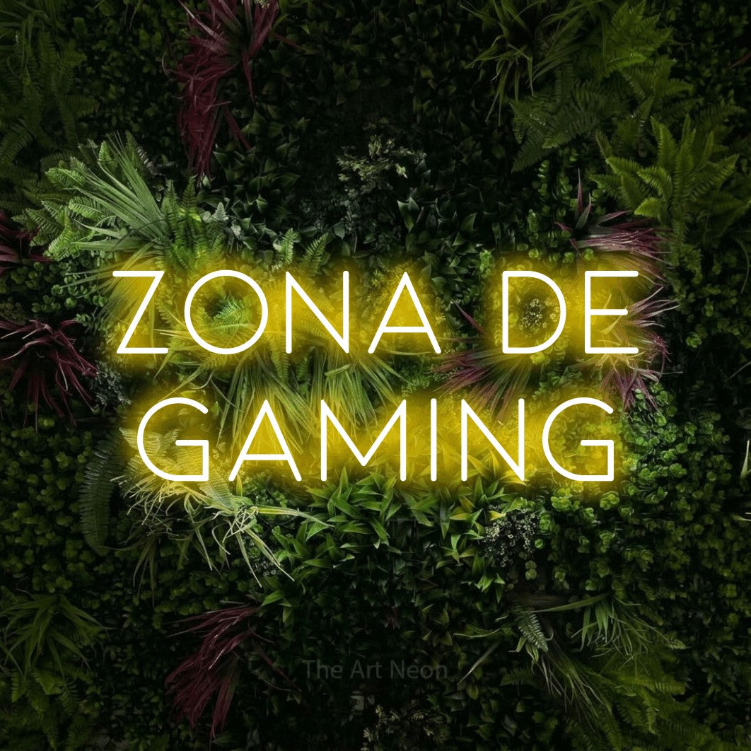 LED neon sign reading “ZONA DE GAMING”, arranged in two lines.