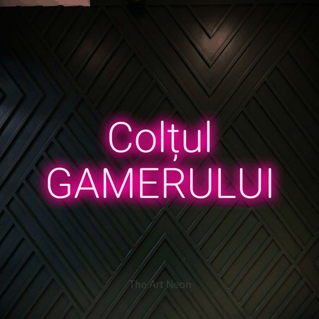 LED neon sign reading “Colțul GAMERULUI”, arranged in two lines.