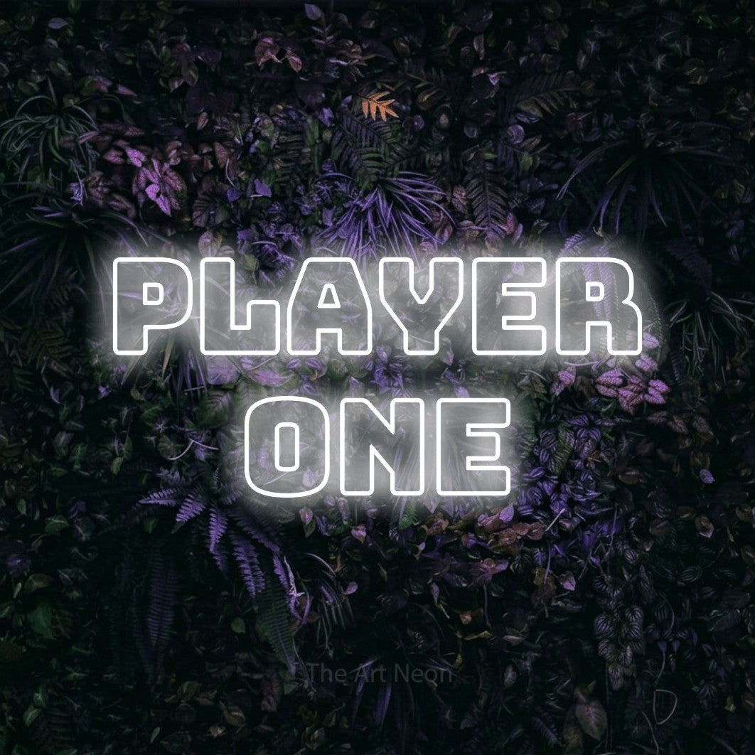 LED neon sign reading “Player One”, arranged in two lines.