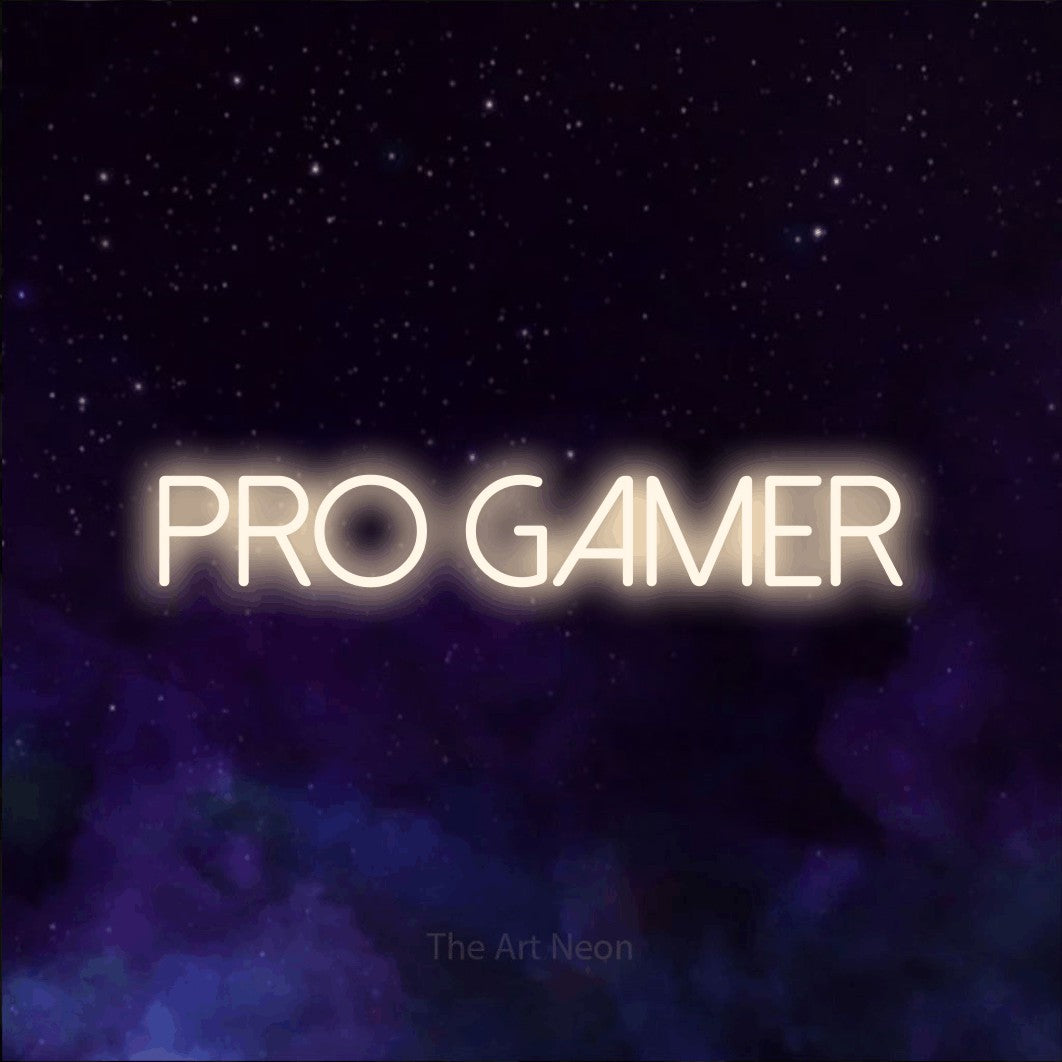 LED neon sign reading “Pro gamer”, arranged in a single line.