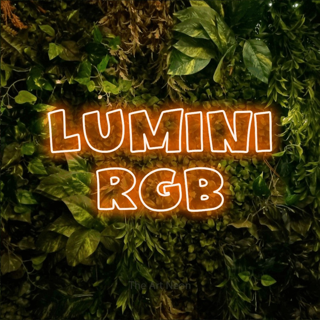 LED neon sign reading “LUMINI RGB”, arranged in two lines.