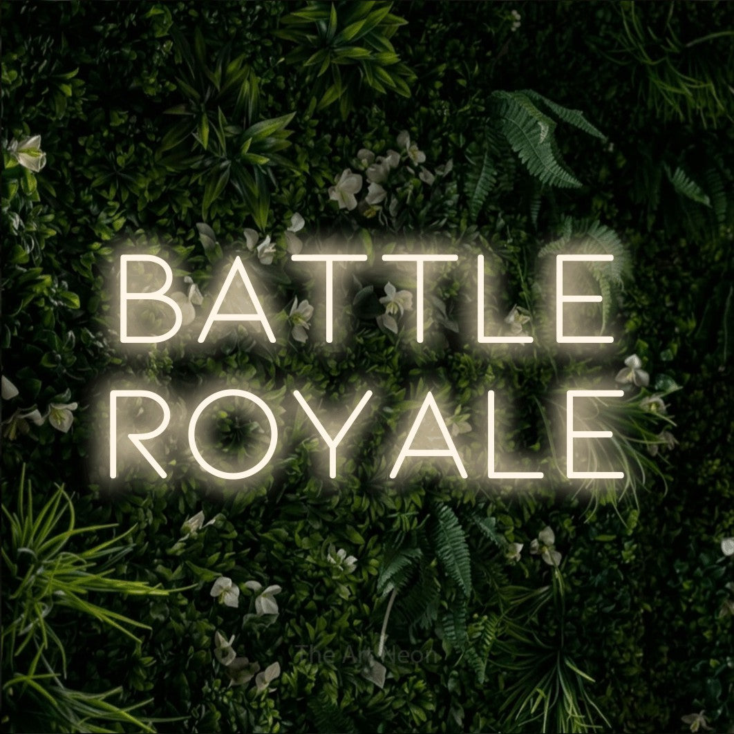 LED neon sign reading “battle royale”, arranged in two lines.