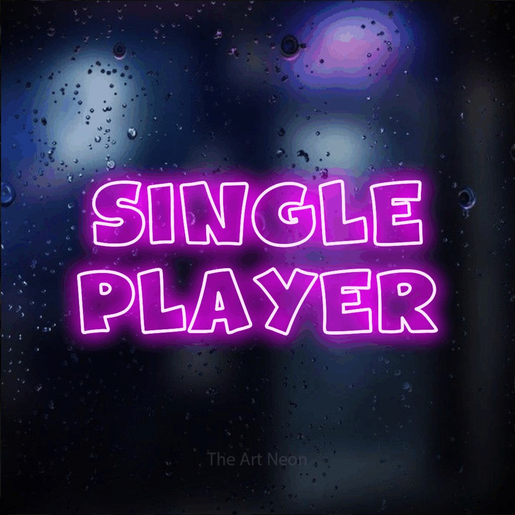 LED neon sign reading “SINGLE Player”, arranged in two lines.