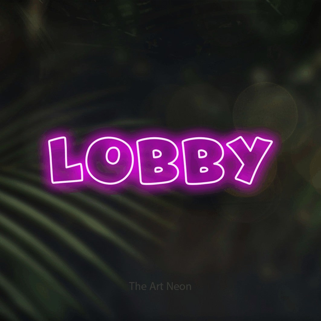 LED neon sign reading “Lobby”, arranged in a single line.
