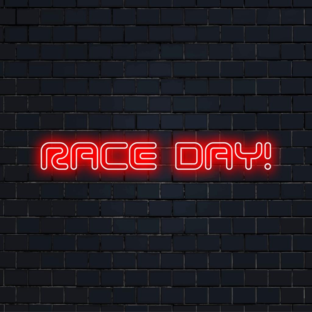 Πινακίδα νέον LED που διαβάζει Ημέρα Αγώνα! με ζωηρά χρώματα, τέλεια εξατομικευμένη διακόσμηση για τους λάτρεις του μηχανοκίνητου αθλητισμού και τις εκδηλώσεις.