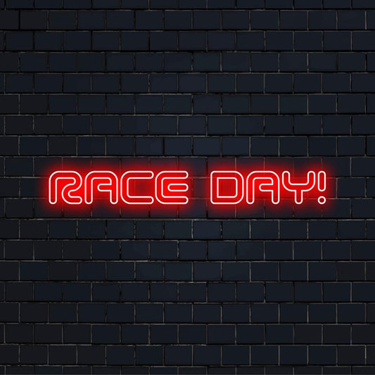 Πινακίδα νέον LED που διαβάζει Ημέρα Αγώνα! με ζωηρά χρώματα, τέλεια εξατομικευμένη διακόσμηση για τους λάτρεις του μηχανοκίνητου αθλητισμού και τις εκδηλώσεις.