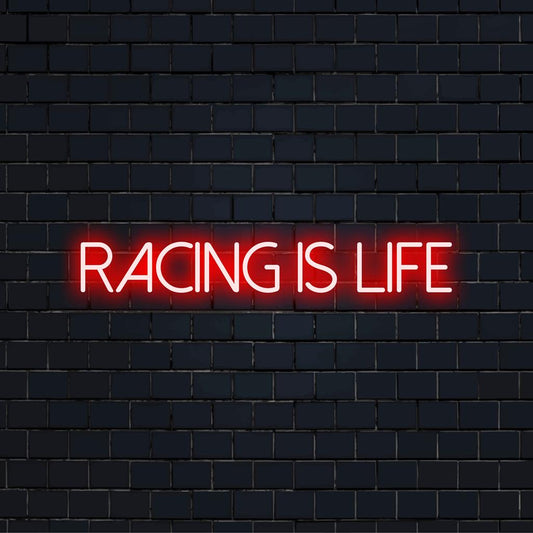 Προσαρμοσμένη επιγραφή LED Neon: Σχέδιο Vibrant Racing Is Life, ιδανικό για τους λάτρεις του μηχανοκίνητου αθλητισμού και τους λάτρεις της τέχνης στους τοίχους νέον.