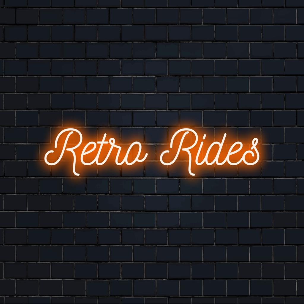 Levende Retro Rides LED neonskilt, skinnende i klassisk stil. Perfekt neonlysindretning til bilentusiaster og vintageelskere.