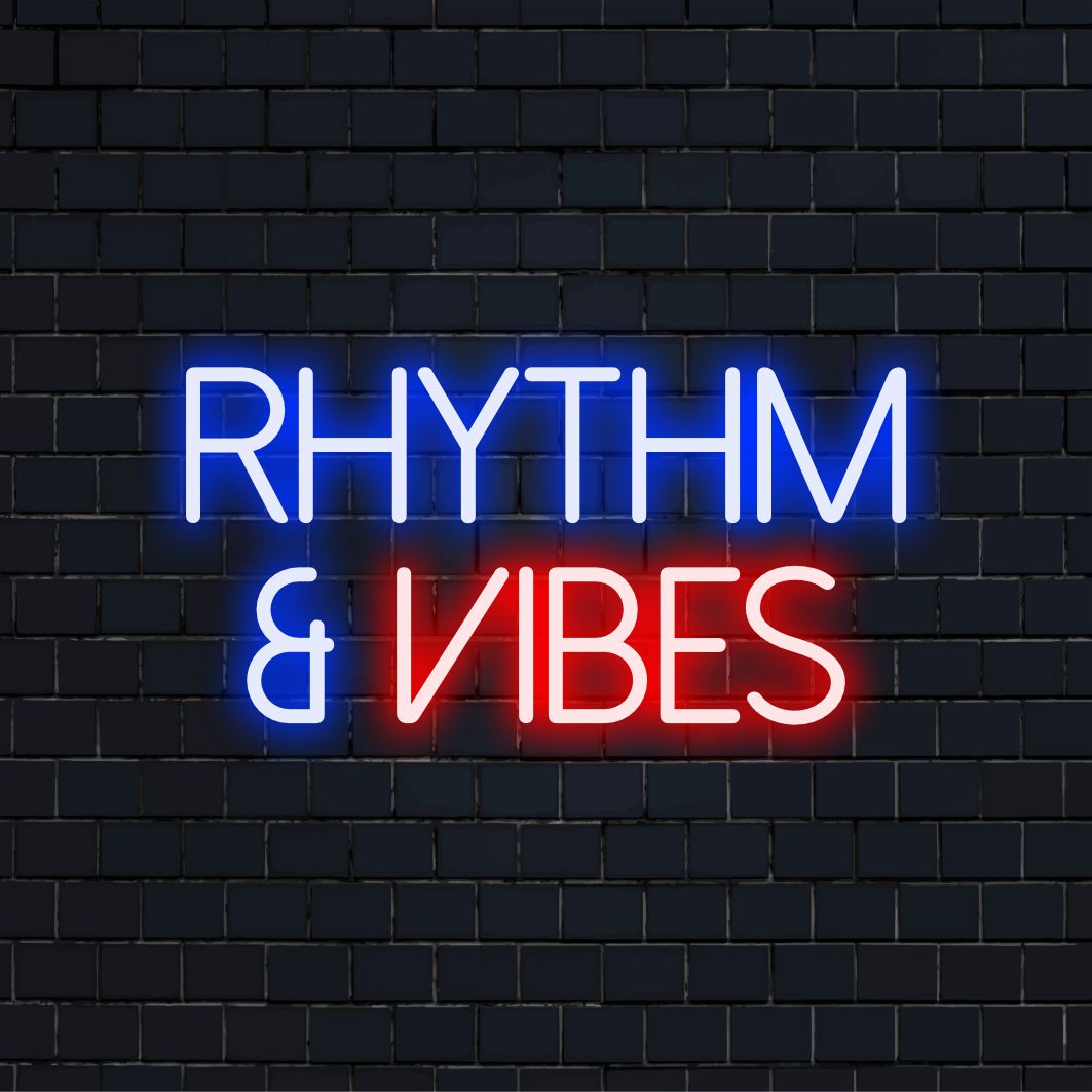 Vibrant Rhythm And Vibes Neon Sign - Illuminating spaces, this custom LED design adds a lively and personalized touch.